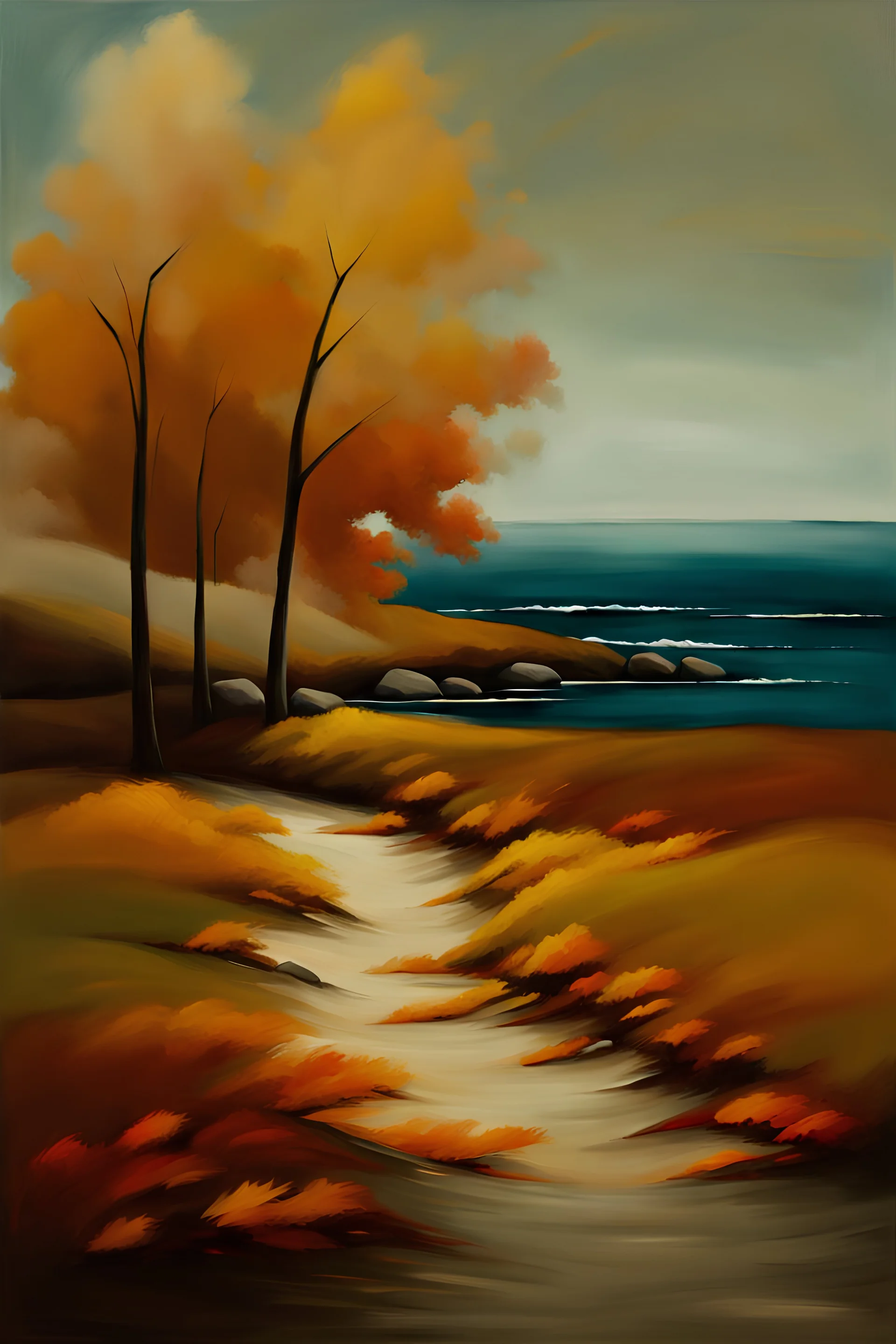 "Create an abstract modern landscape painting depicting a autumn scene of the sea with a shore. Use a style that focuses on broad swaths and minimal details. The painting should capture the essence of the season and evoke a sense of tranquility and openness. Use transparent colors and bold brushstrokes to bring the composition to life."