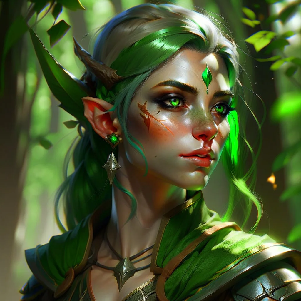 dnd, artistic, illustration, artstation, elf, feywild, bright green hair, green eyes, warrior, portrait