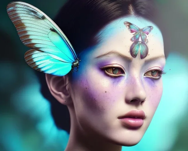 Beautiful mystical butterfly portrait, dark fantasy, romanticism, acrylic paint, chinese painting, magazine, highly detailed, ethereal, otherworldly, backlighting, rays of shimmering light, persian empire, artstation, silver, purple, black, teal, aqua, yellow, olive, vibrant, intricate,