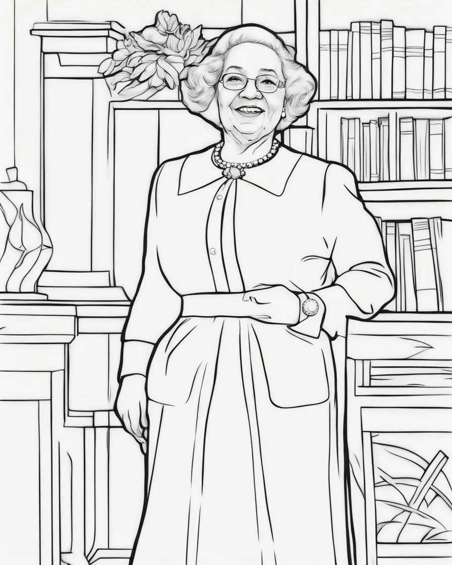 Outline art for coloring pages with Dorothy Johnson Vaughan, white background, sketch style, only use black outline, white background, no shadows and well and clear outline