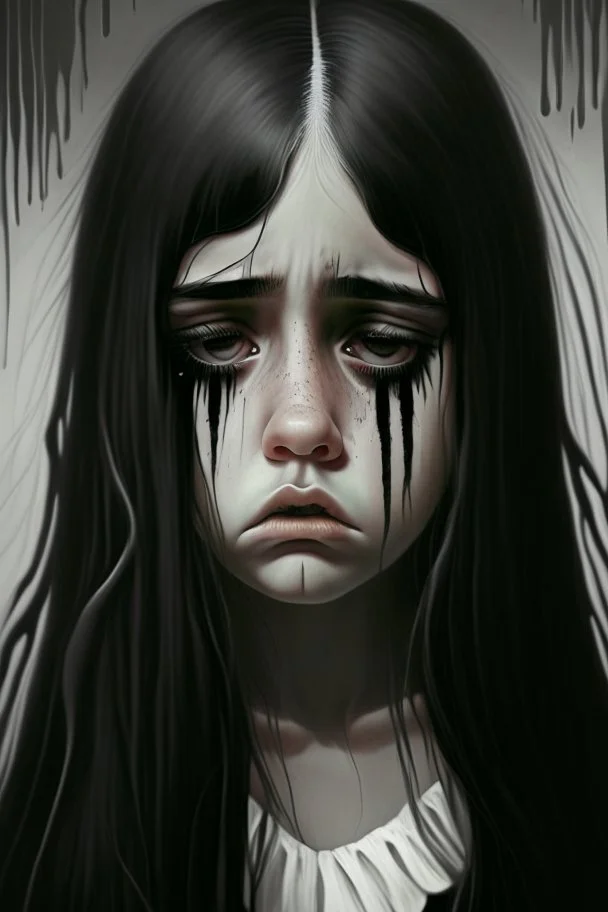 A young girl with long black and white hair with brown eyes, black and white dress, who is crying