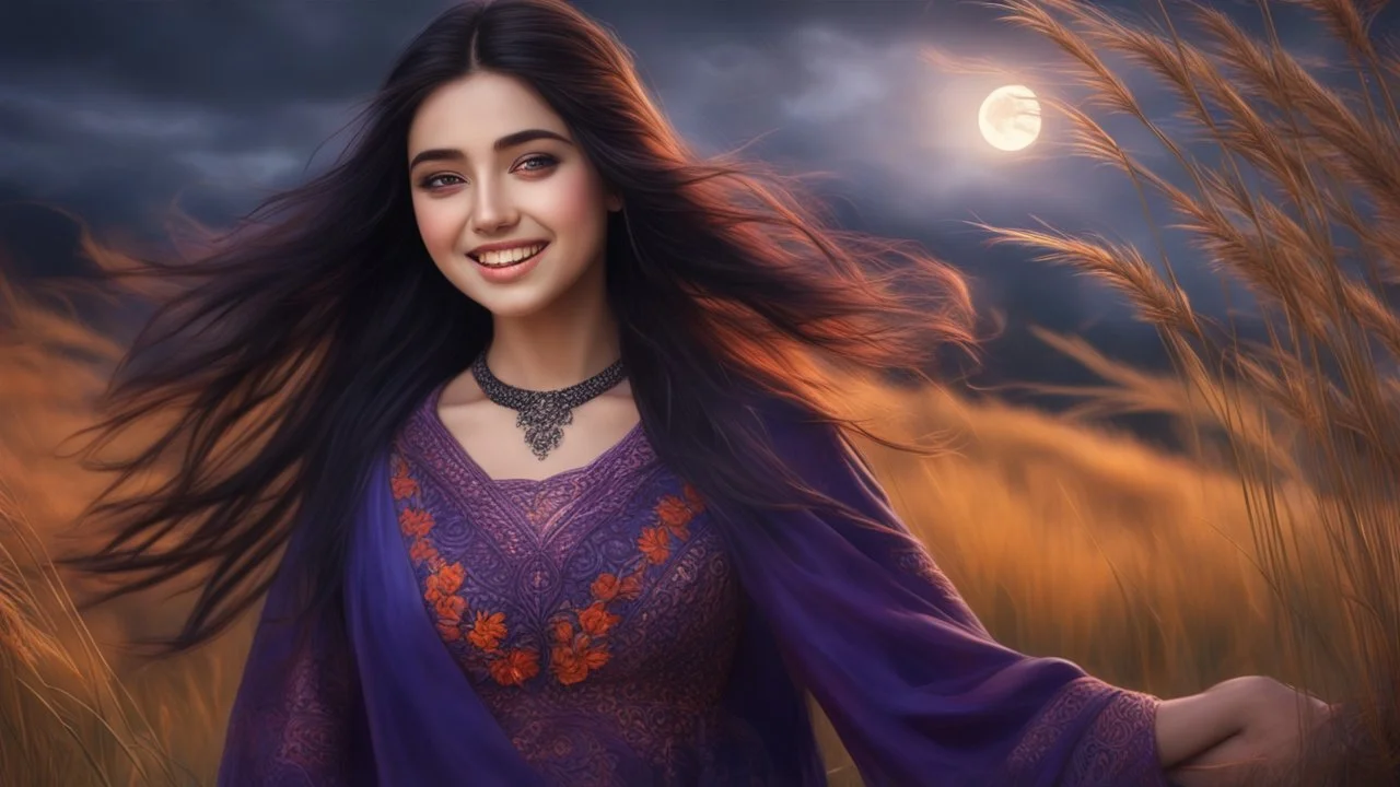 Hyper Realistic Close-up-face-view of a Beautiful Young Happy Pashto Girl with beautiful-eyes & long-black-hair smiling & wearing purple-&-orange-embroidery-dress-with-black-shawl whirling with breeze, tall-grass along with a thick-tree on mountain top & cloudy-moonlight at night showing dramatic & cinematic ambiance