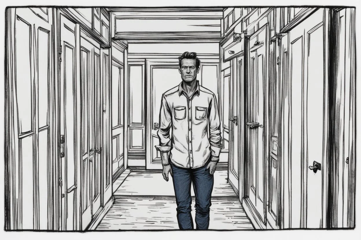 man in jeans and a shirt standing in a room of doors