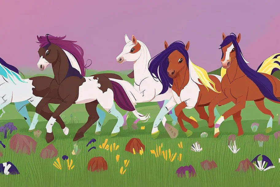 illustration fantasy horses of different colors in a field from afar