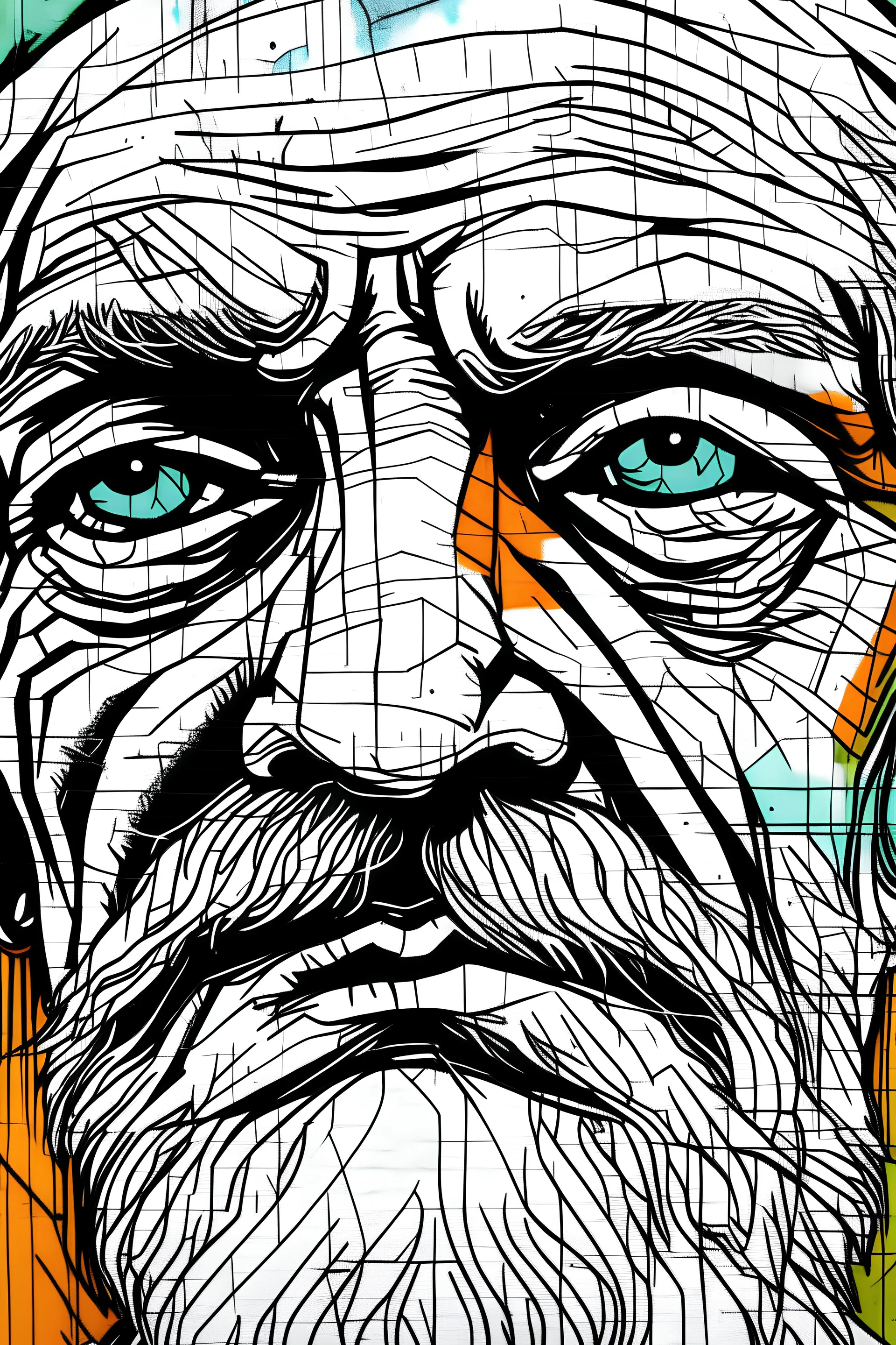 Plano detalle en linea de la cara de un viejo al estilo de arte callejero o grafitis