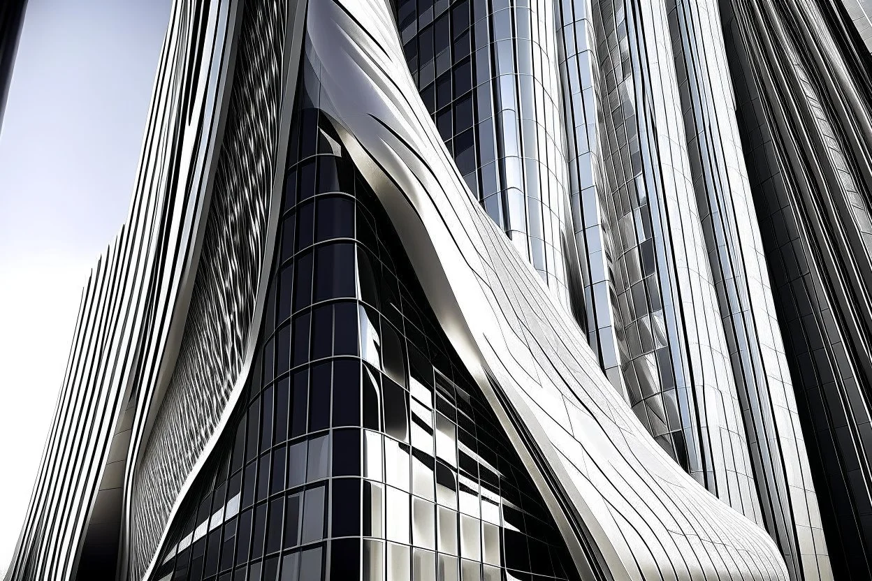 Zaha hadid sheikh chanel, uturistic building facade, located between very tall buildings with mirror facades that reflect it, 16K, ultra realism. day lighting