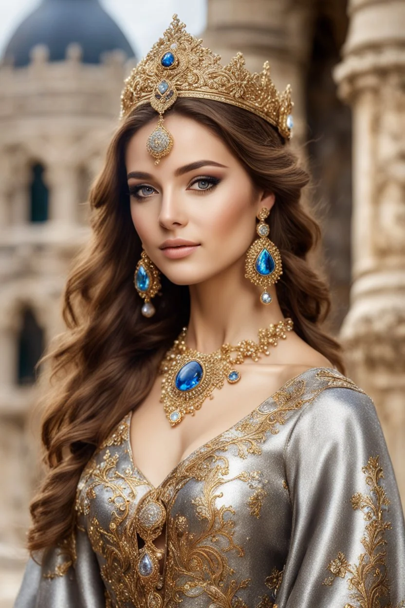 Stand pose gorgeous photography art,cinematic realistic colors,soft blur lens focus dslr,natural beauty, of young woman, smiling, beautiful, shiny grey eyes, make up,Queen Byzantine style, shiny baubles, ornate, large gemstones, shiny molten metalics, shiny ornaments flowers pattern golden,full jewelrys diamonds bright shining,brown hair, high definition,in luxury castle background