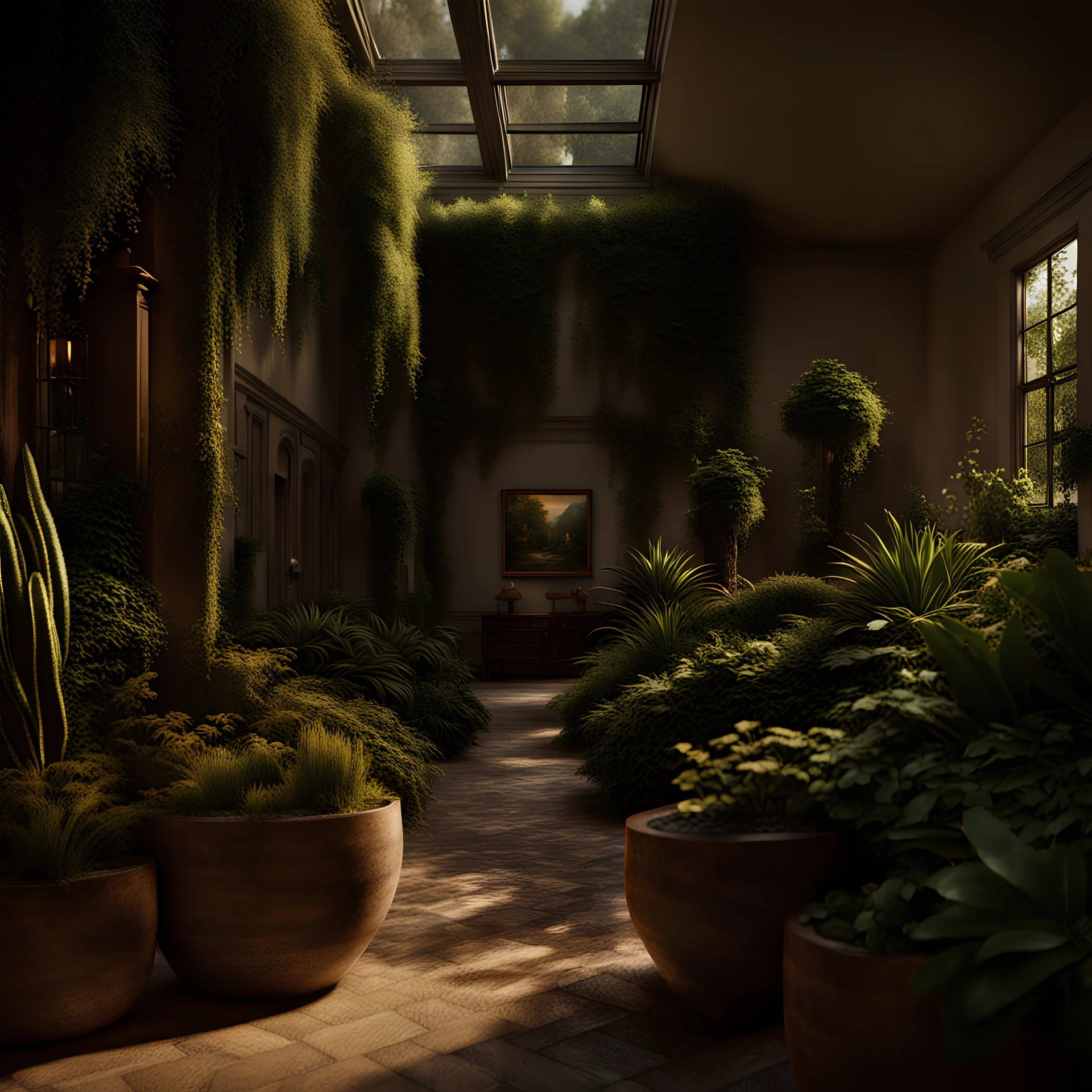 Visibly detailed and intricate 3D rendering of hyper-realism: Natalie Dormer, Wide Shot, Plants