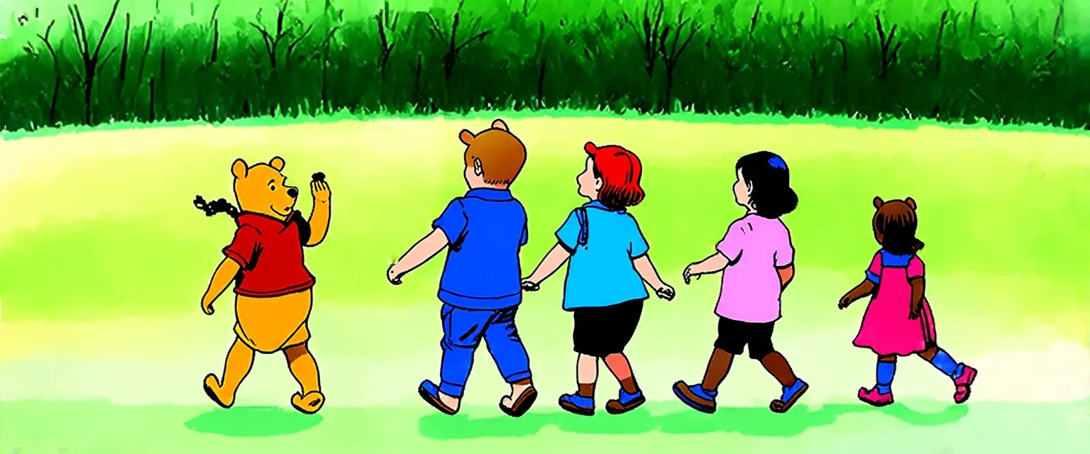 illustrated children walking in a line, in the style of original winnie-the-pooh