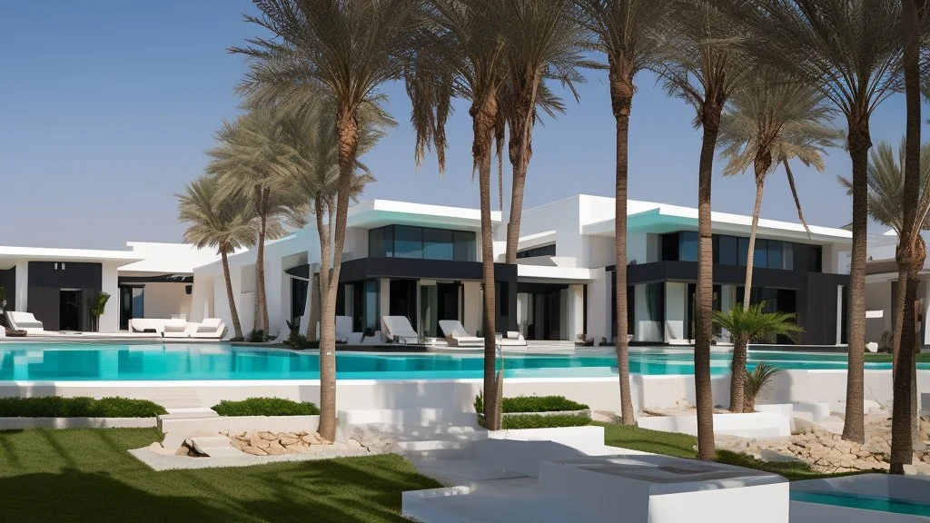 Description of a modern Emirati style villa: Located on a magnificent piece of land in the heart of the Emirates, our villa embodies the finesse of design and detailing that promises a luxurious residential experience. This two-story villa, with its elegant and contemporary spaces, stands out. The exterior walls of the villa are made of black and white stones, adding an elegant and luxurious touch to the design.Pictures of the villa from four sides