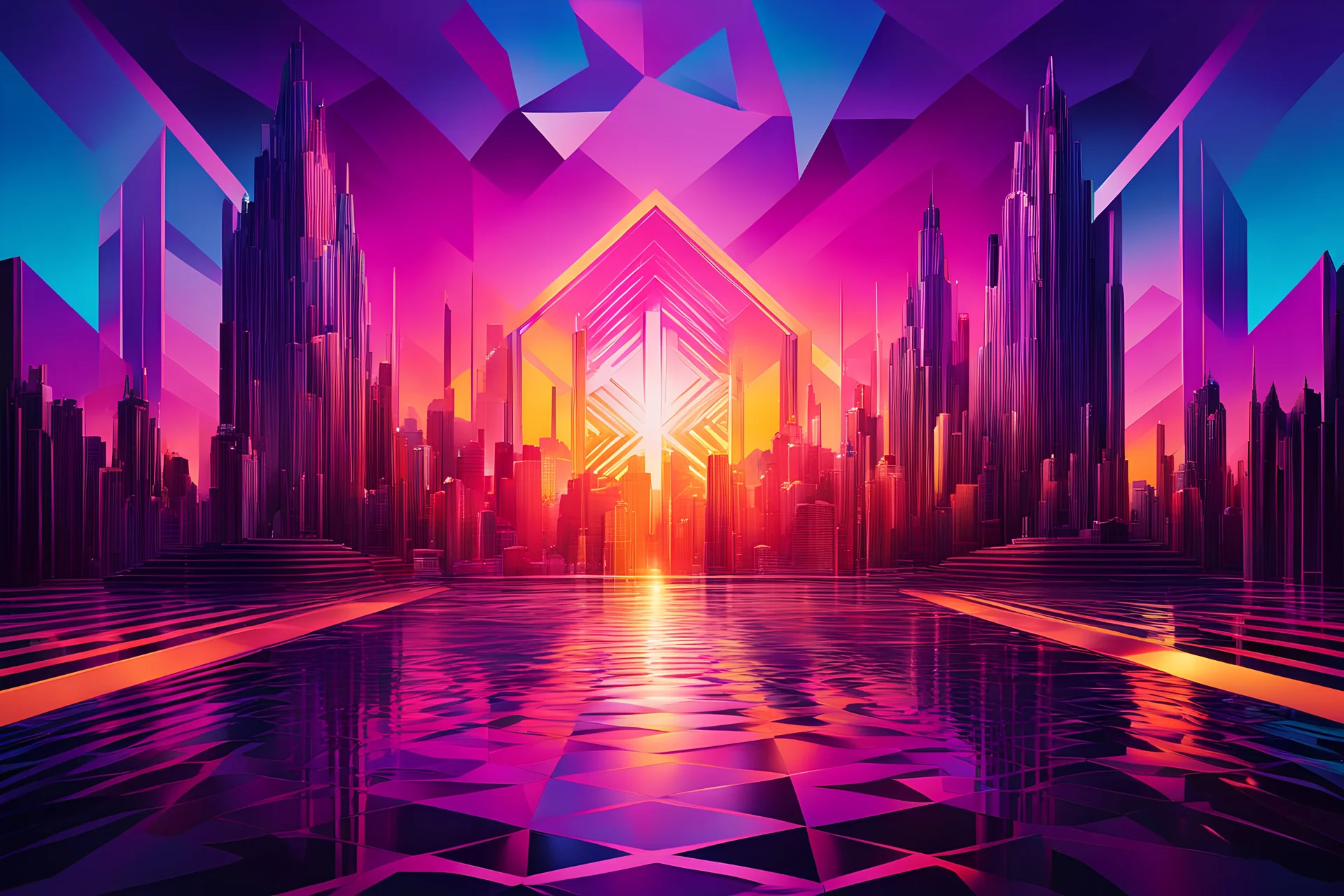 A Gothic Deco liquid foil gradient volumetric scene with intersecting geometric shapes and vibrant colors, inspired by the style of David LaChapelle and Alex Webb.