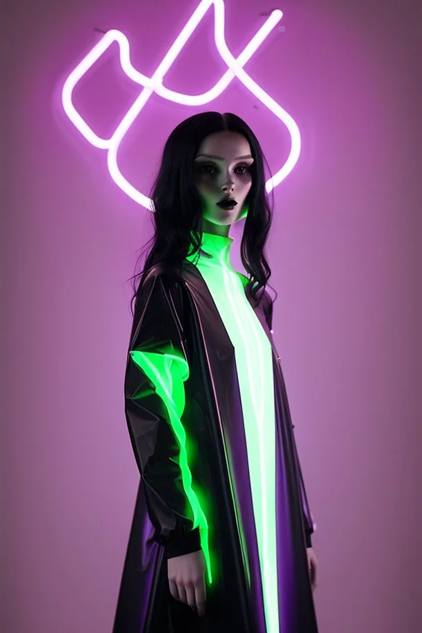 painting by koson ohara and marta bevacqua, portrait of a beautiful goth woman with long black hair, wearing a plastic raincoat, purple neon lighting, 8k, high quality, highly detailed