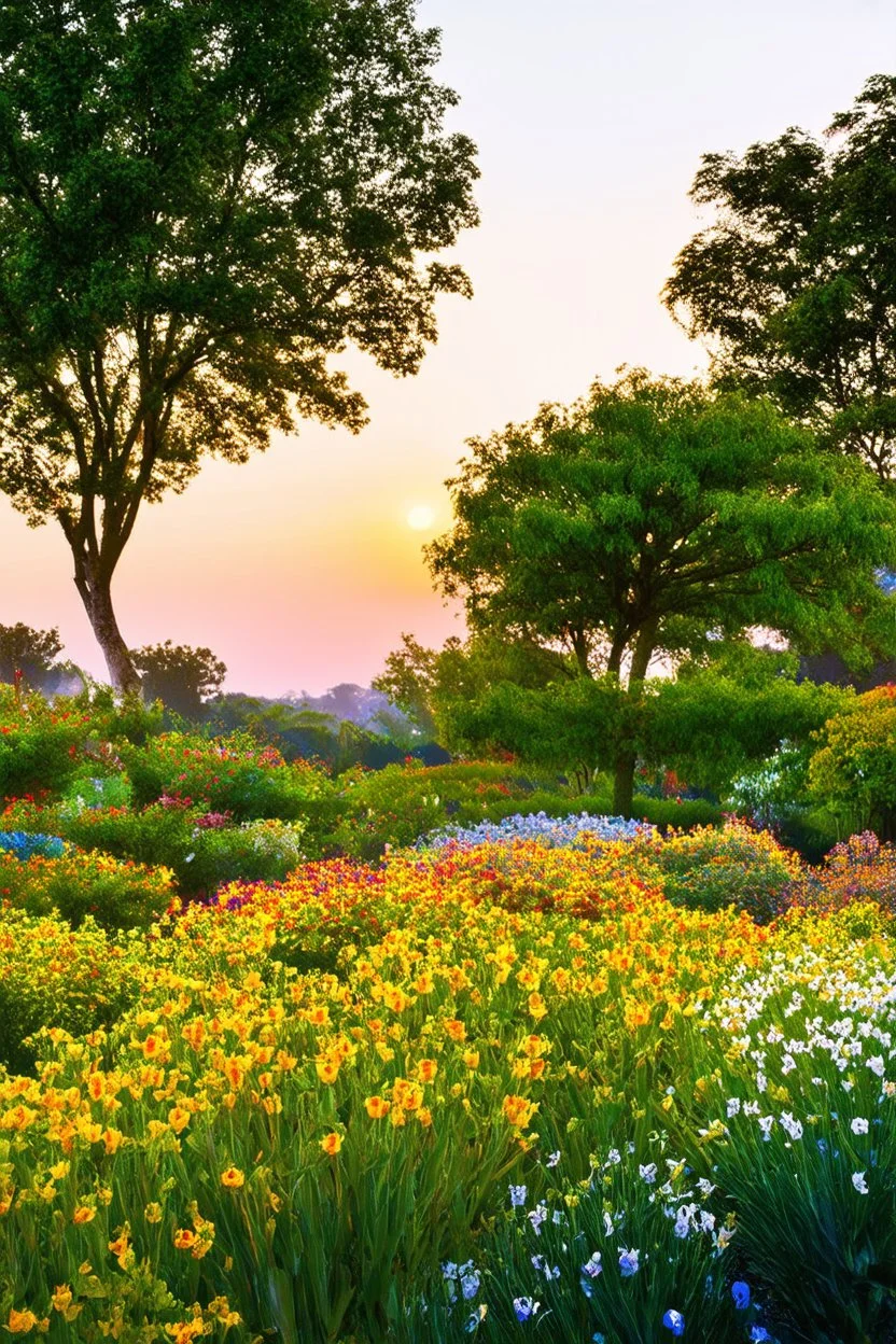 A beautiful scenery of sunset , garden of flowers, trees etc.