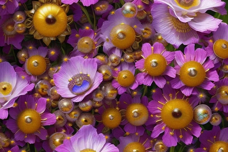 Beautiful symmetrical fluffy bumblebees dining at a feast of flowers, glitter, detailed fractal gems, fractal crystals, intricate, hyperdetailed, complex 3D filigree, ornate, metal, by "Greg Rutkowski" hyper realistic, photorealistic, incredible composition, amazing depth, imposing, 16k, detailed art illustration, vibrant, by "Josephine Wall", "Brian Froud"