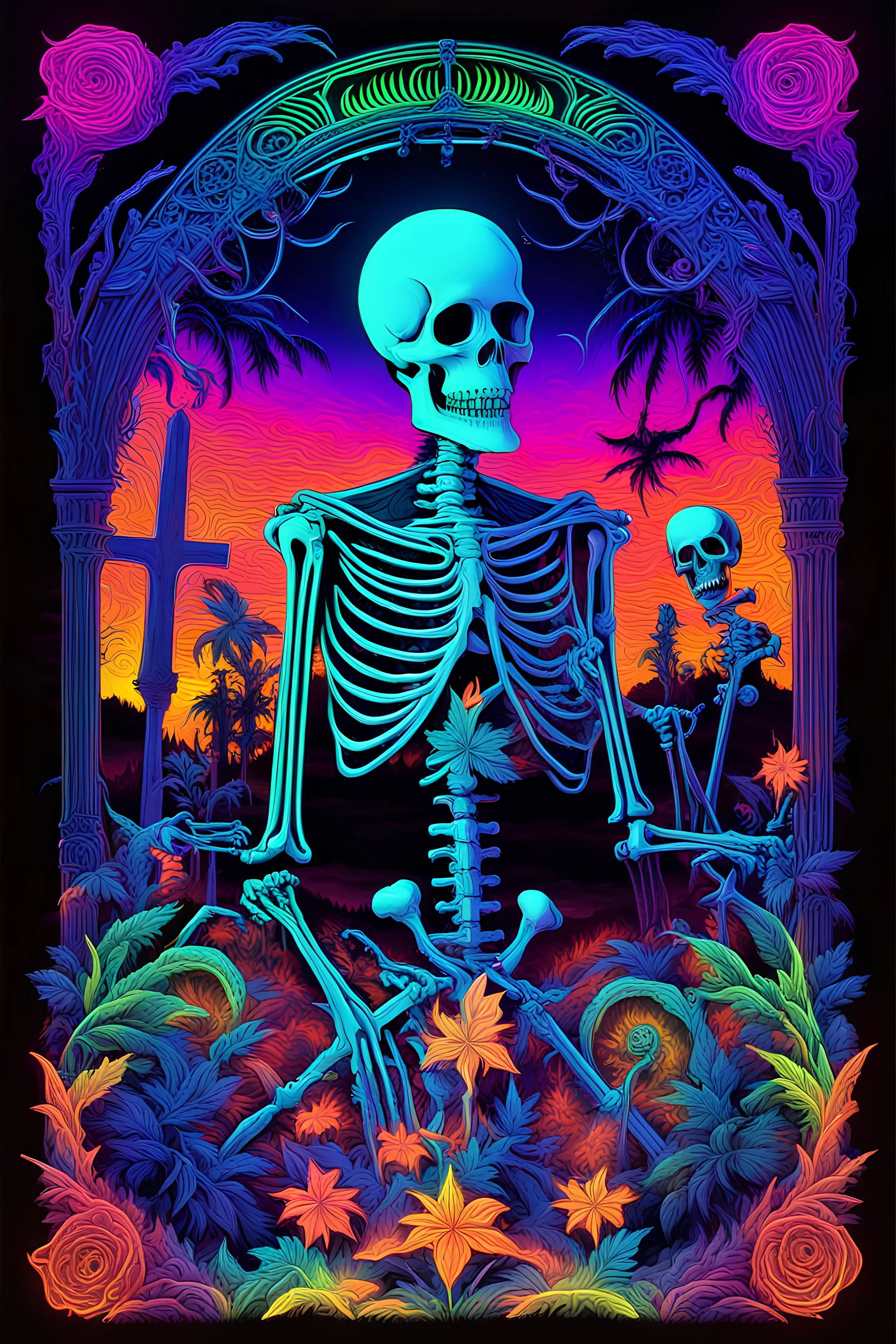 neon skeletons, 3D embossed textured ethereal image; midnight hues, extreme colors, neon skeletons at a rave in a graveyard; trippin', psychedelic, groovy, art nouveau; indica, sativa, leaves, gig poster art, macabre, eldritch, bizarre, extreme neon colors, mixed media, velvet, blacklight, uv