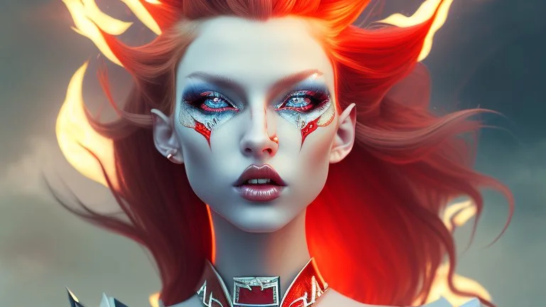 {devil elf} with {red} hair and with cute face, {fire}, blue eyes, skimpy leather clothes, stiletto heels, perfect composition, hyperrealistic, super detailed, 8k, high quality, trending art, trending on artstation, sharp focus, studio photo, intricate details, highly detailed, wide borders