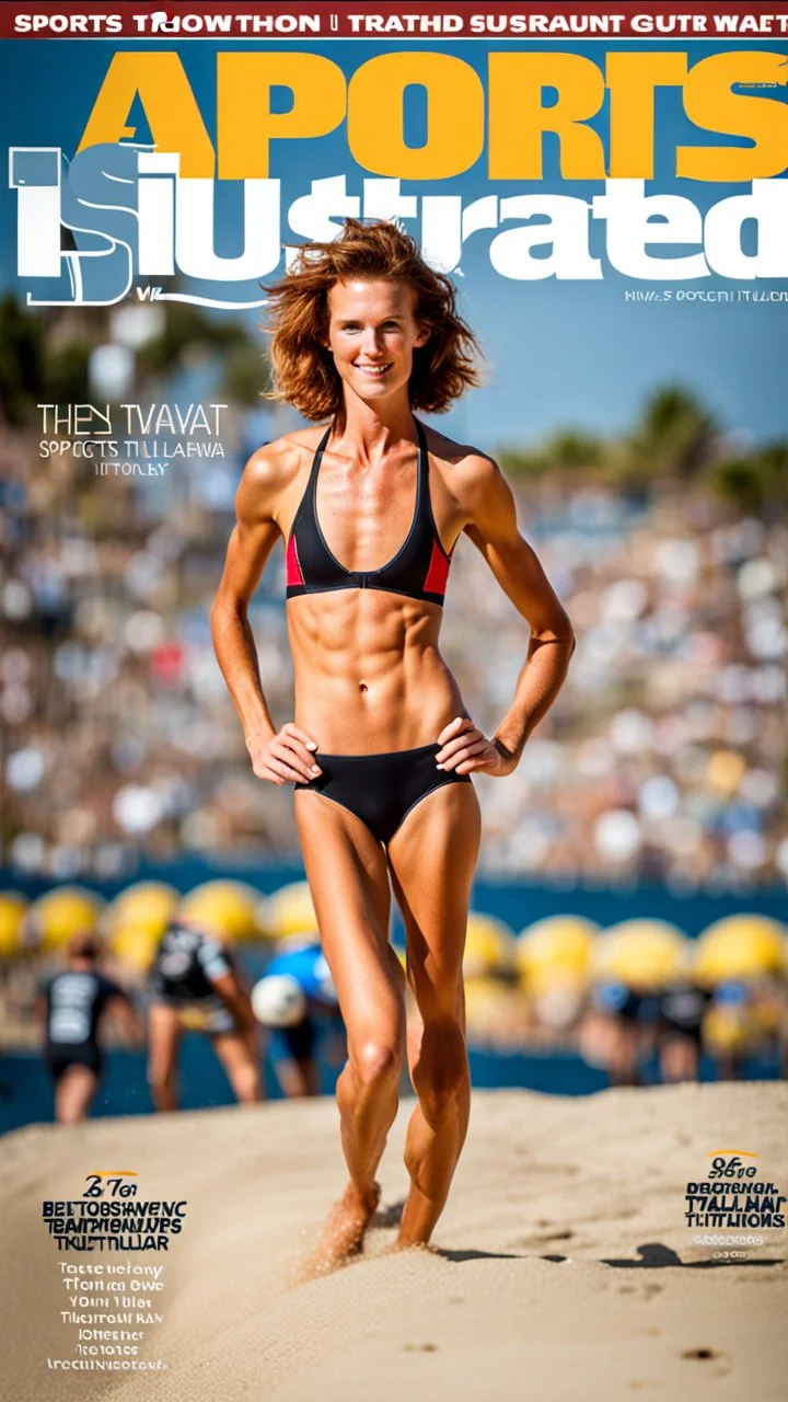 beautiful anorexic woman, standing, short triathlon swimsuit, short length wavy haircut, photographed by sports illustrated, red hair