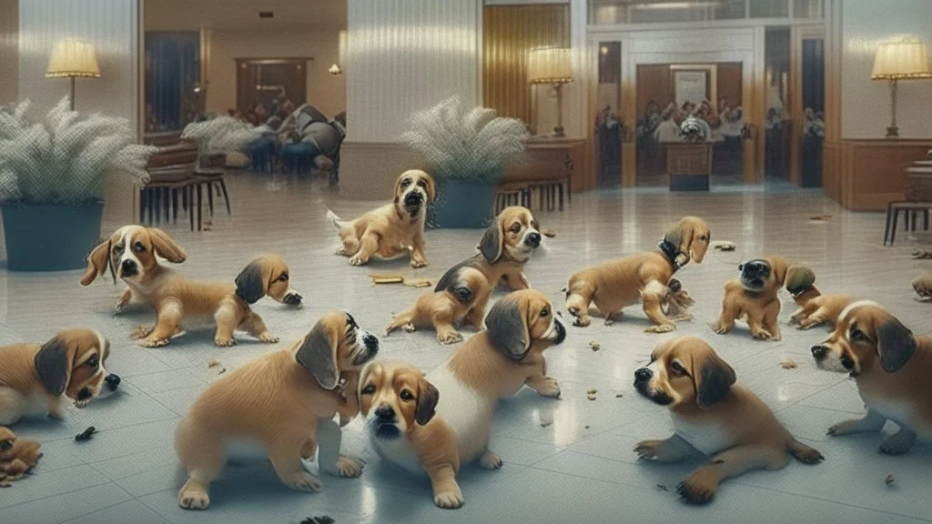 hotel lobby full of puppies pooping all over the guests