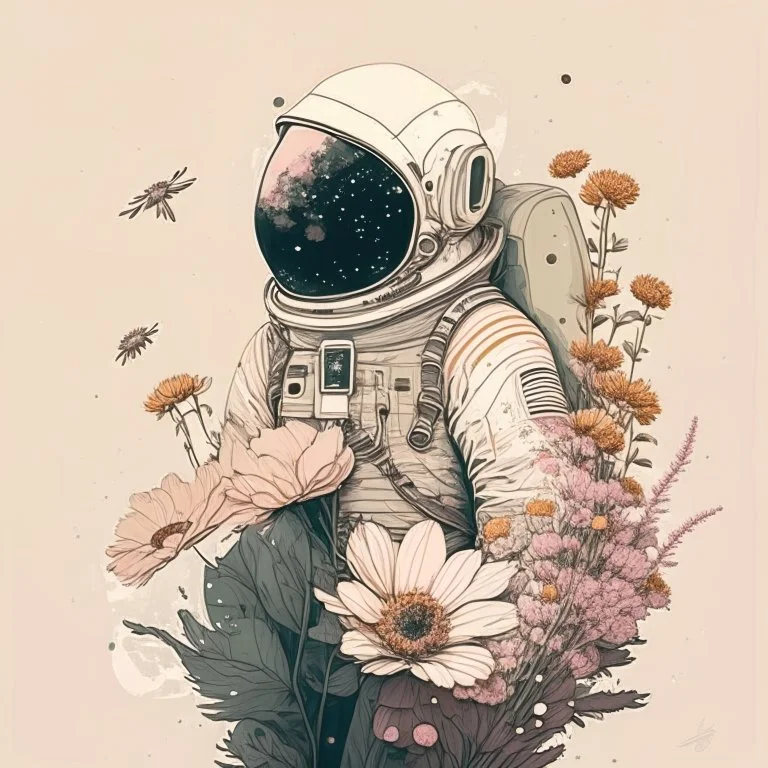 "floral astronaut" hand-drawn digital art, muted tones, flowers everywhere,