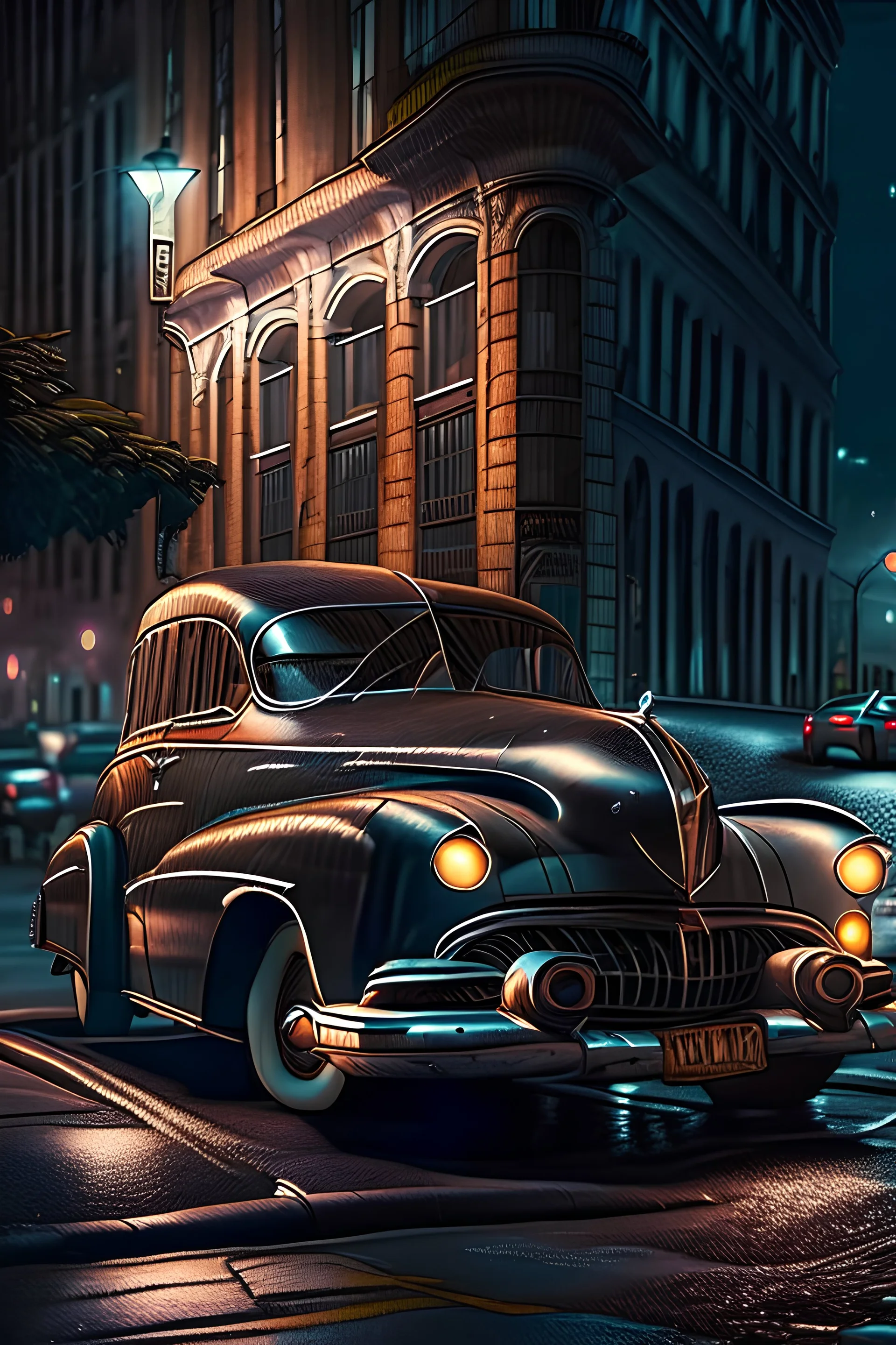 Un automóvil clásico con modificaciones estilo realista, por las calles de una ciudad en la noche