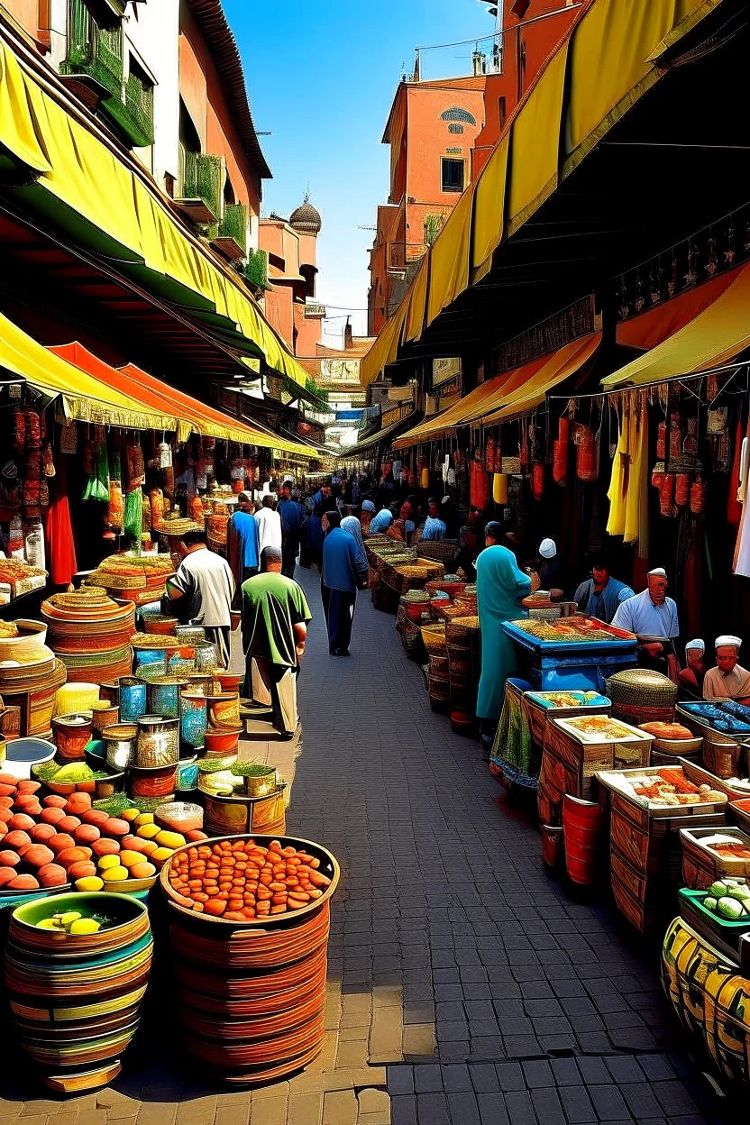 A vibrant, bustling tea market in Morocco, with colorful stalls selling a variety of teas, spices, and traditional teapots, all surrounded by the bustling sounds and smells of the market.