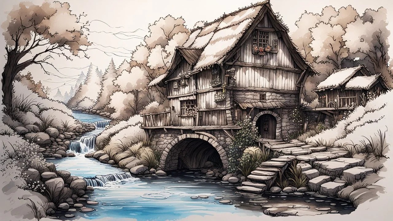 old rural (watermill:1.6) built upon a bubbling brook, ink paint, enchanted fairy tale vibe