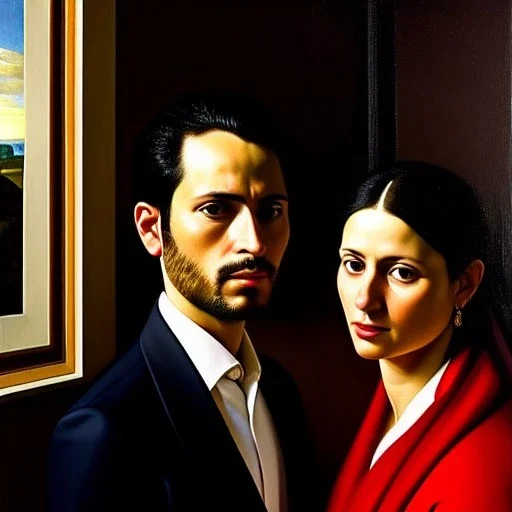 portrait of Jacobo Santiago Mozos born in 1976 and Gemma Arnau Arnau born in 1979,Caravaggio, oil on canvas, cinematic composition, extreme detail,8k,fit full head inside picture,