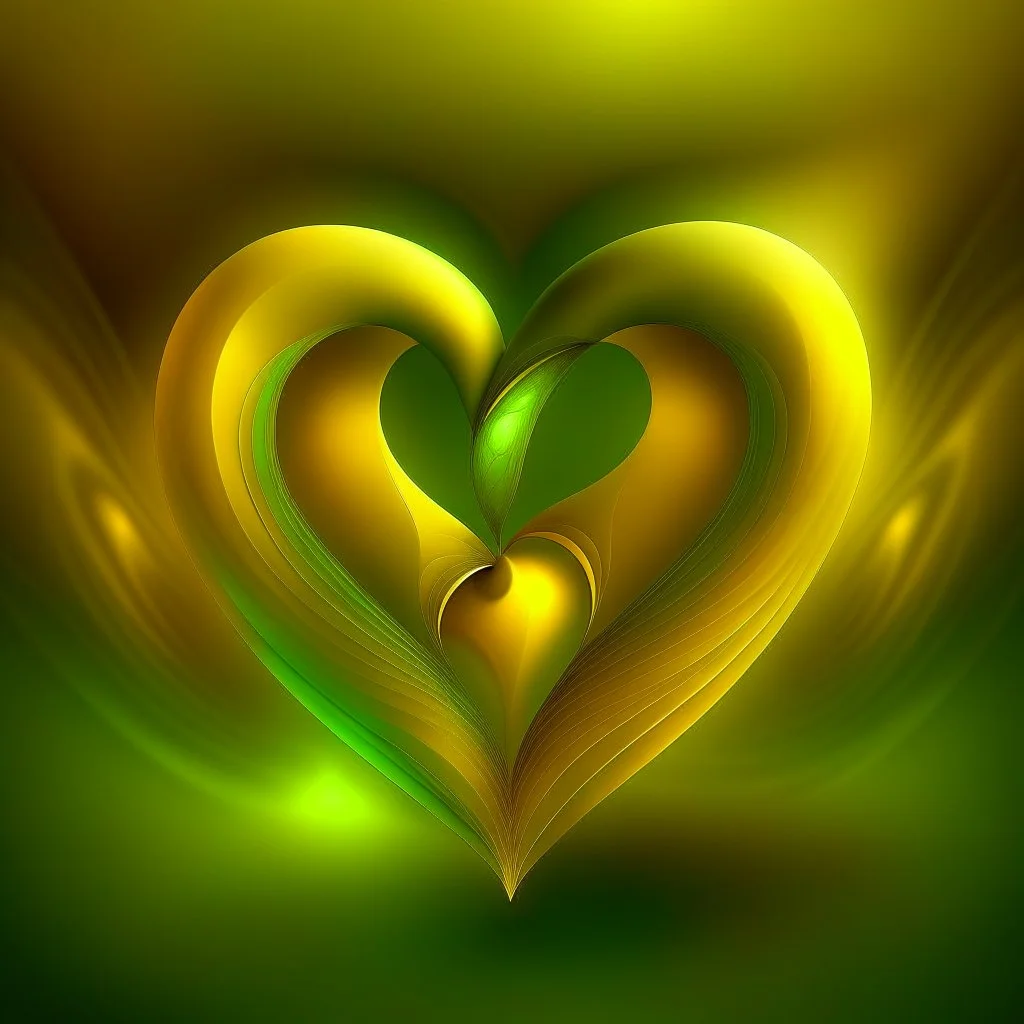 two inseparable hearts, warm green and yellow colours, fantasy atmosphere