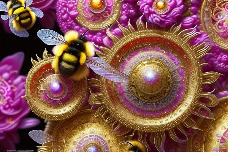 Beautiful symmetrical fluffy bumblebees dining at a feast of flowers, glitter, detailed fractal gems, fractal crystals, intricate, hyperdetailed, complex 3D filigree, ornate, metal, by "Greg Rutkowski" hyper realistic, photorealistic, incredible composition, amazing depth, imposing, 16k, detailed art illustration, vibrant, by "Josephine Wall", "Brian Froud"