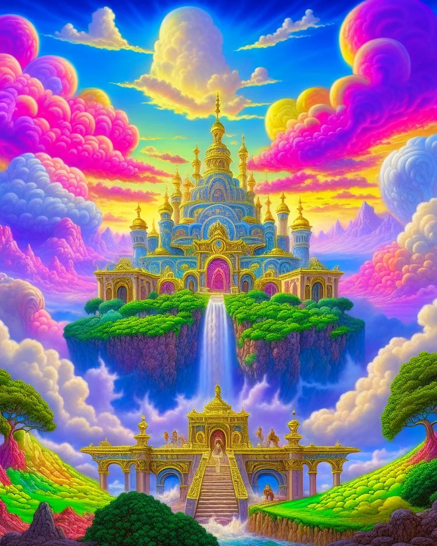 a photorealistic detailed cinematic image of a beautiful vibrant iridescent future for human evolution, spiritual science, divinity, utopian, cumulus clouds, ornate architecture, isometric, by david a. hardy, kinkade, lisa frank, wpa, public works mural, socialist