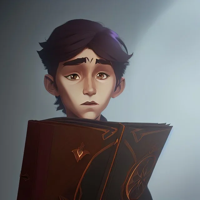 A little handsome brown haired warlock kid with his dark book of shadows by Nick Harris