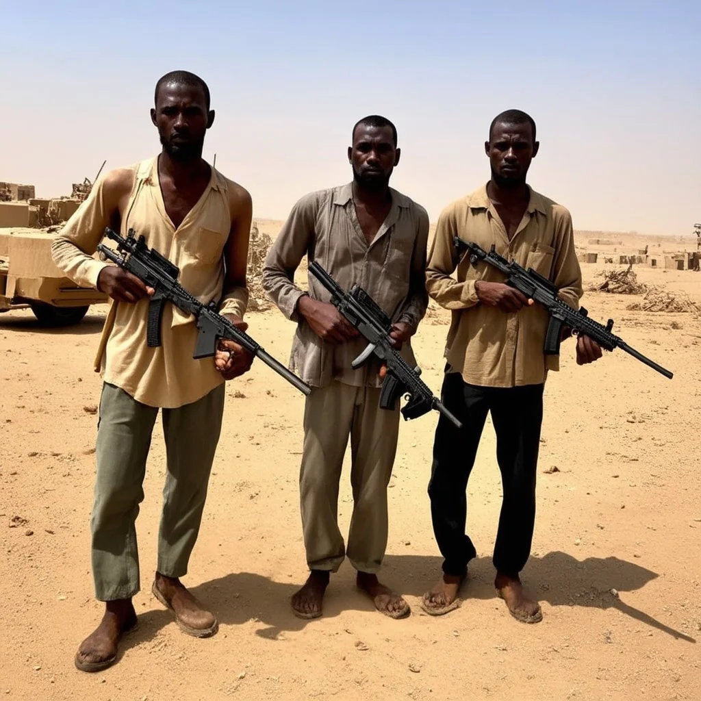 make a picture of 3 poor looking black men in a desert. they are in afghanistan. behind them is a raided village they are holding rifles