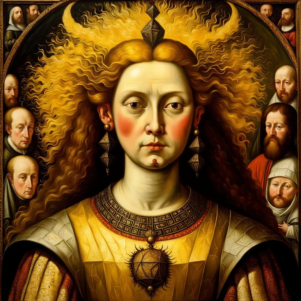 a Flemish Renaissance era oil painting of the otherworldly, demonic kabbalah princess Eisheth , highly detailed hair and facial features, in the style of Pieter Brueghel, Jan van Eyck, and Hieronymus Bosch, aged canvas, antique craquelure finish, archaic museum quality masterpiece, 4k