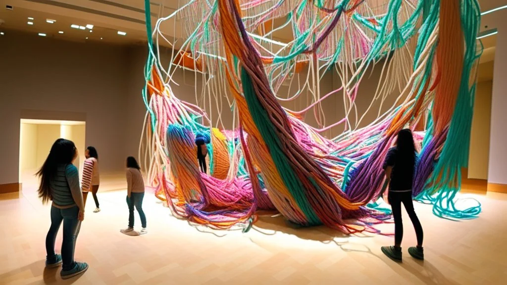 Create a large-scale textile installation using resilient and stretchy materials like elastic bands or bungee cords. Visitors can physically interact with the installation by pulling on the threads, symbolizing the struggles individuals face during addiction and their journey towards recovery. The installation should demonstrate how resilience and determination help in overcoming challenges.