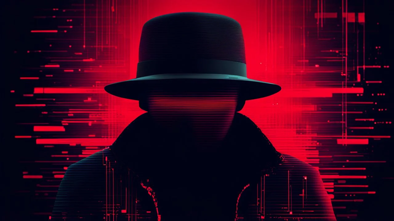 create me a black hat hacker desktop background with the style of glitchart with red