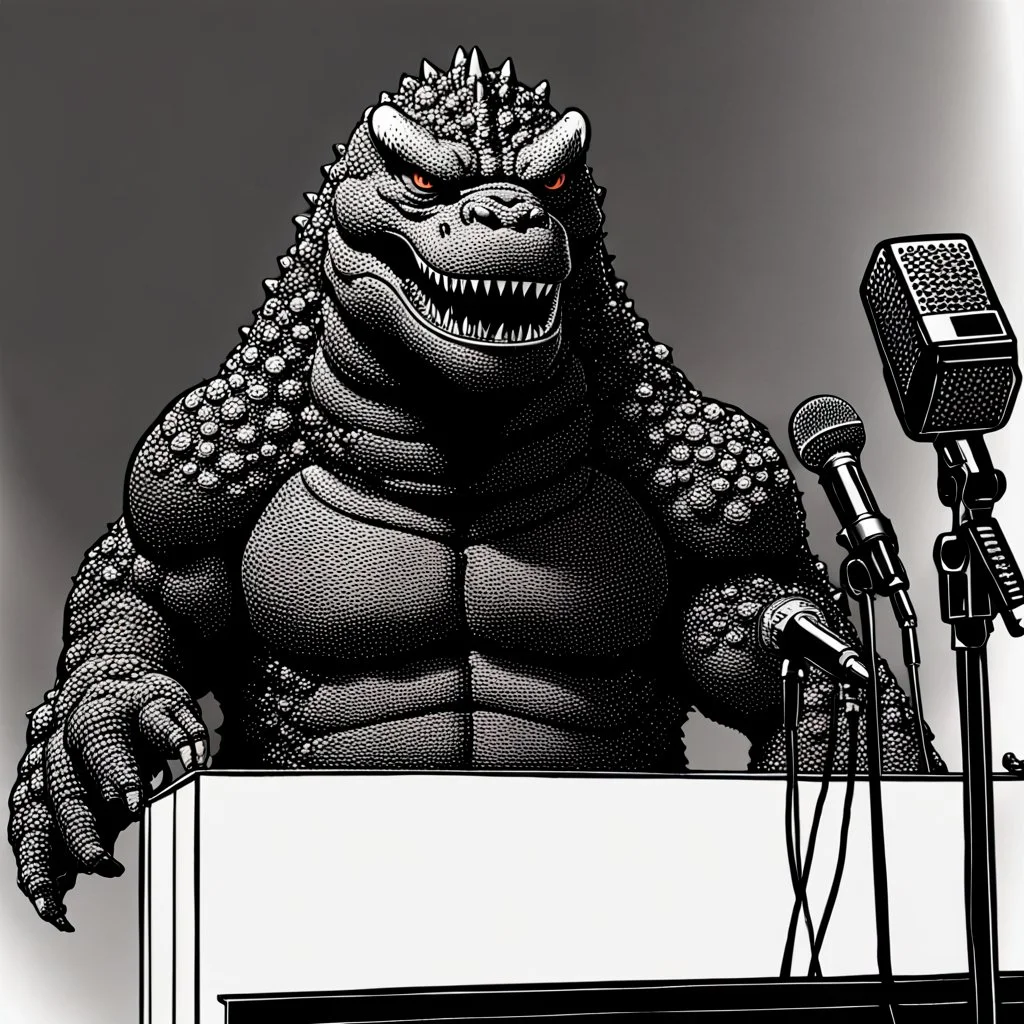 Godzilla standing in front of some microphones and giving a press conference.