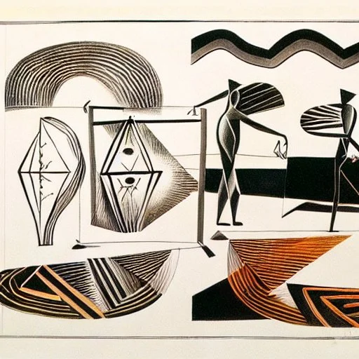 drawn in single line by Nicolai Blatter with hatch with parallel wavy lines metal engraving with african man dance procession in salvador dali style or picasso style