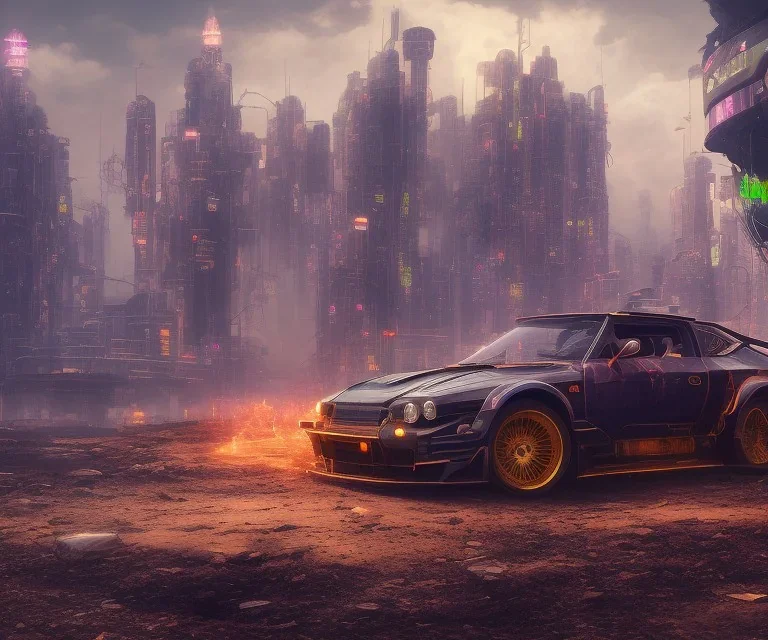 cyberpunk,landscape ,cars , cinamatic, highly detailed, close up, 4k , deep colours, gold , fire , red, purple,dark ,etheral , utopia , apocalypse,