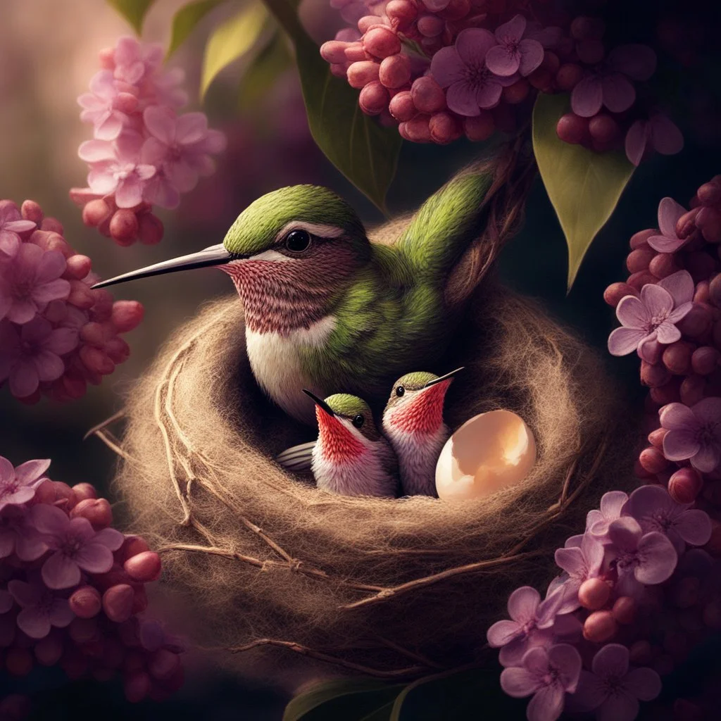 Create an incredible image in the Anne Geddes art style with 2 cute baby ruby throated hummingbirds sitting on the nest in a lilac bush branch, next to the baby hummingbirds is a broken shell of one egg, as if it had just hatched from the egg. Mother hummingbird in the nest looking calm at the 2 baby hummingbirds. the nest is inside a beautiful flowering lilac branch. A masterpiece, a high-quality photo taken at exactly the right moment for an award-winning photo. bokeh Nikon D850 hig