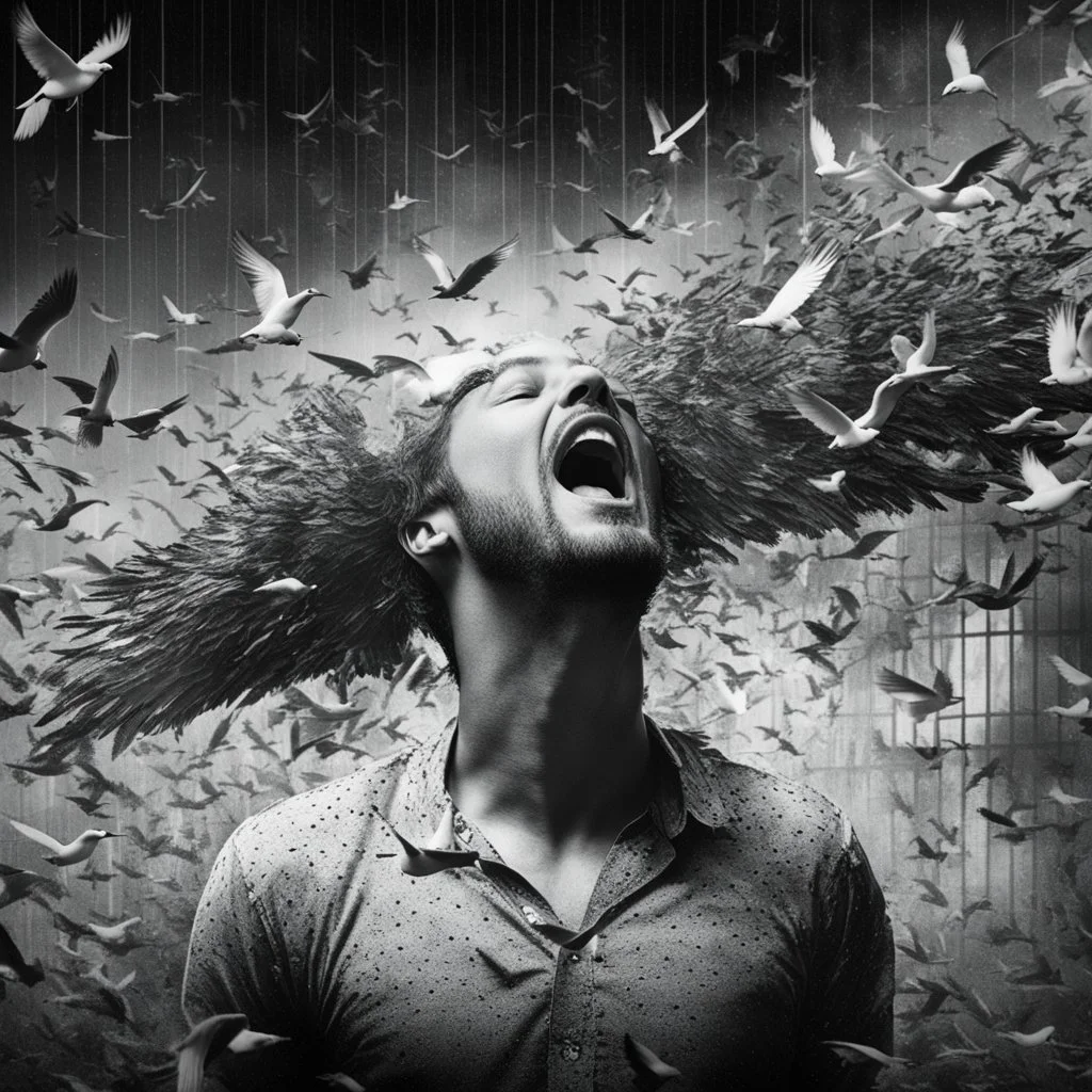 A black and white image of a man screaming with his eyes covered. His head is surrounded by a flock of birds, professional camera (zoom), Canon EOS R5, edge lighting, cinematic lighting, translucency, extrusion and gradient value change, specular attenuation and contrast, strong ambient occlusion overlay, depth parallax, photorealistic, 4K, 3D, realism, hyperrealism, macro detail and clear texture, good lighting, detailed texture, modern photography style, 3D, 4D, 4K --2:3