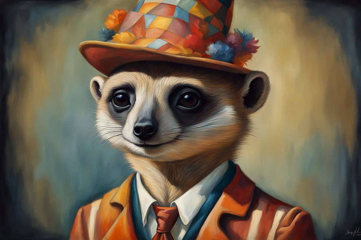 Imagine an anthropomorphic meerkat with a harlequin hat ,by Judith Leyster. in the style of August Macke, John Blanche. Modifiers: oil on canvas vibrant imperial colors hyperrealistic ultra detailed crisp quality whimsical muted colors Decadent 64K, UHD, HDR, HQ anthropomorphic face dark, gloomy, mysterious ©Miwi metallic bronze accents