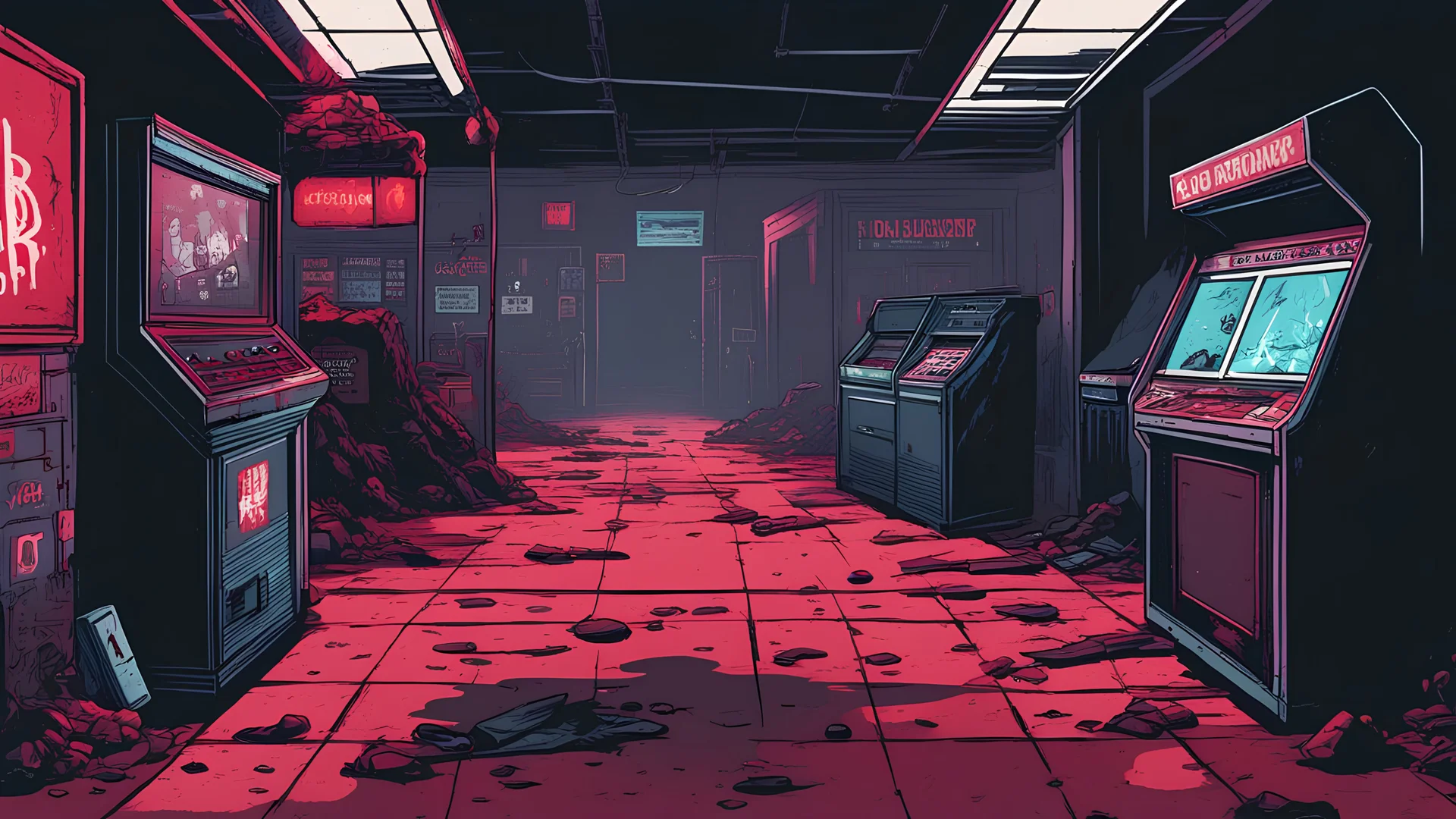 Comic style, desolate dark arcade, blood on the floor, no humans