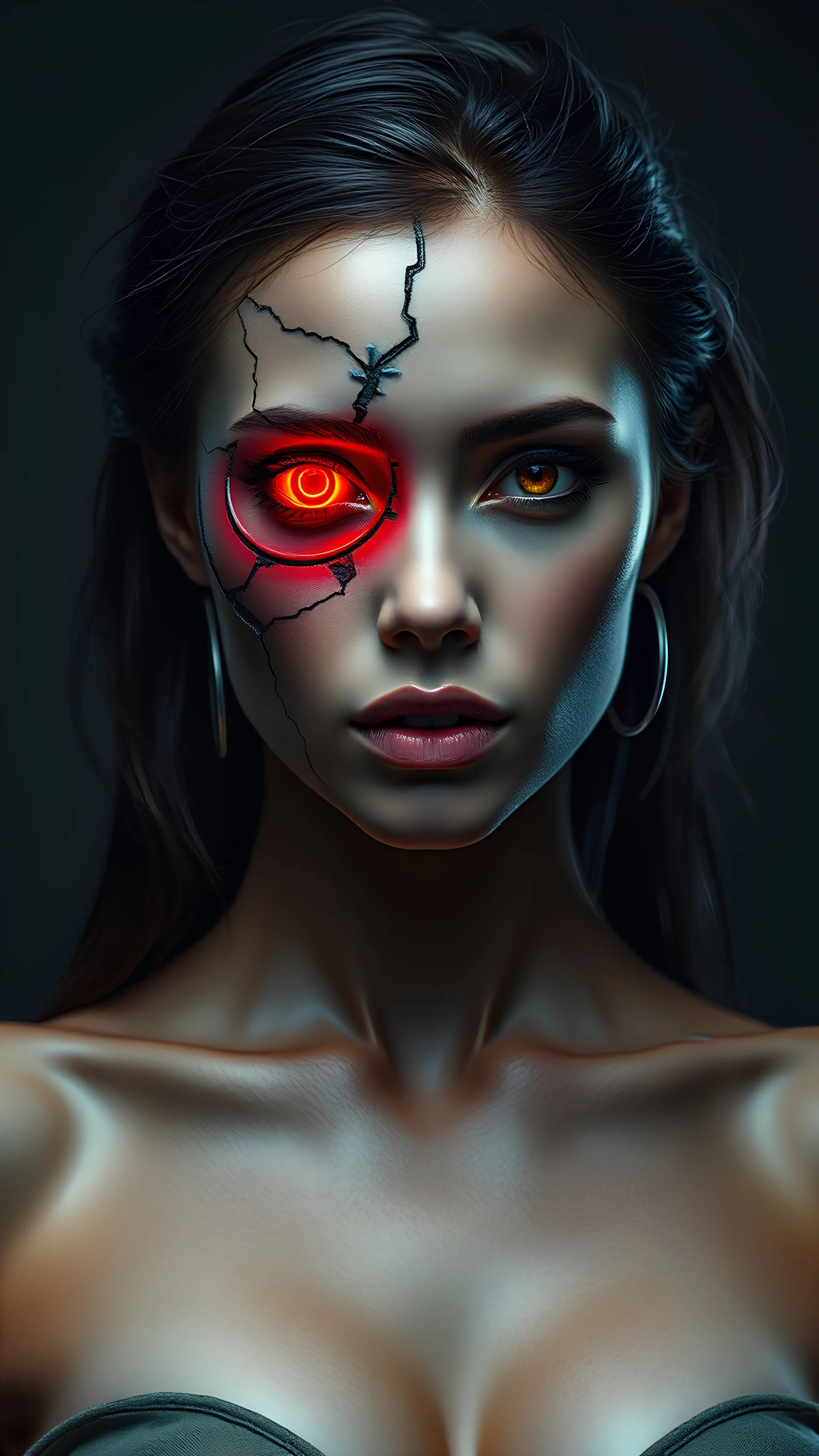 portrait of a woman with half mechanical face and cyborg eyes, glowing red cyber eye, cracked skin, high quality, high details, sharp focus, high contrast, shining and sparkling, dark colors, beautiful girl face, full body, leg, arms, torso, human skin chest, breast, feet, full body shot, skirt