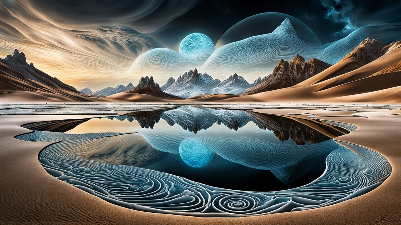 Abstract Landscape with surreal iced desert, mountains, iced water, reflections, sharp lights and shadows . The scene features circles, lines and ovals, all enhanced by overlapping, adding depth and dimension. In the scene old bones lying in sand in the right side. The sky is dramatic, filled with swirling dark clouds , creating an intense atmosphere. The color palette consists of rich, deep hues, watercolor and dark ink, like a dark dream