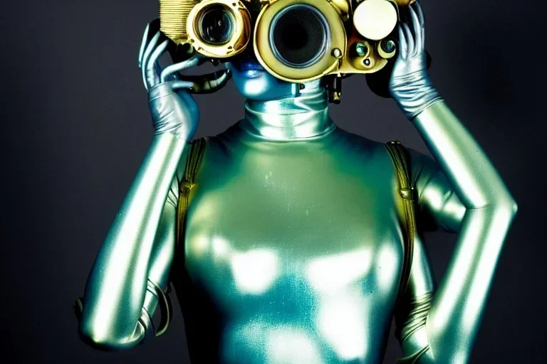 Golden to cyan surfaces body, latex. Tendril-mask-Synthesizer-proboscis. Lightly armored bodies. Metallic headphones and speakers. Man and hot Russian military girl. Old-fashioned cameras ntegrated to heads. Strange Steam-punk Silver tumbler hands! Dystopia perfect body. Mind-download from 1960's computer. Partly symmetrical in relation to speaker. Perfect golden ratio in all directions. Space-corruption. Steam-machines-tubes. Oppressive atmosphere. Thick Mind-upload-cable