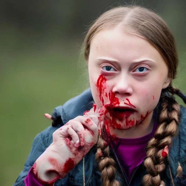 Greta Thunberg eating human fingers oozing with blood.full body, fantasy setting, real photo, soft lighting, blood dripping from face