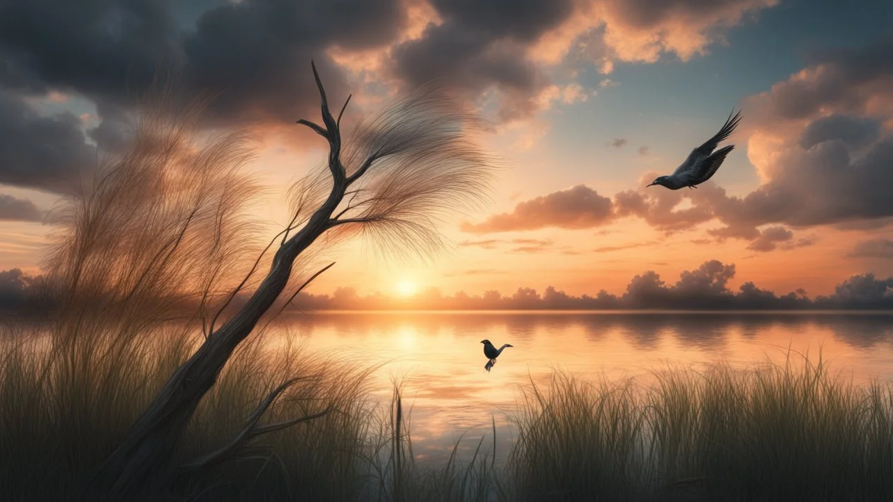 Hyper Realistic Beautiful Cloudy Sunset Lakeside with bird sitting on a tree-branch with tall grass whirling-on-wind showing dramatic & cinematic ambiance