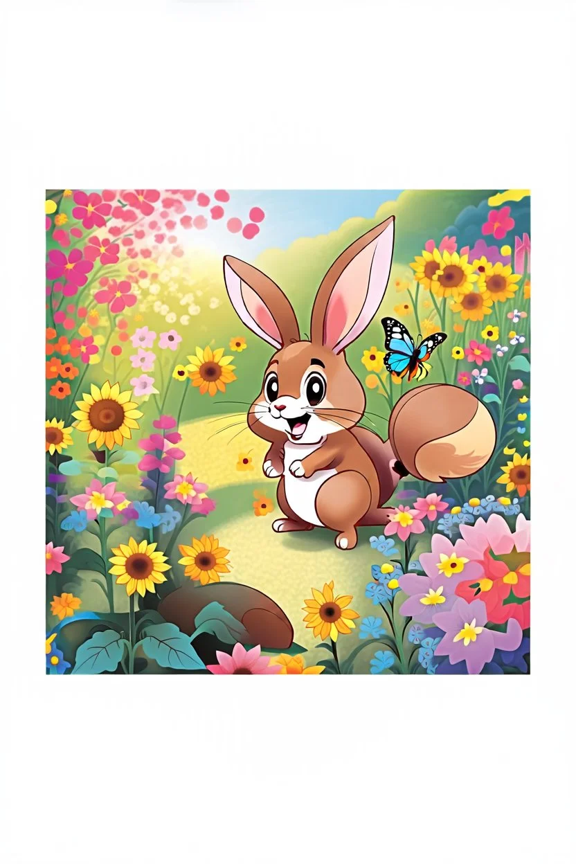 The cute bunny excitedly looks at a bright yellow sunflower in the colorful garden, the beautiful butterfly and friendly brown squirrel are in the picture, child book illustration style, faces must be the same as reference image