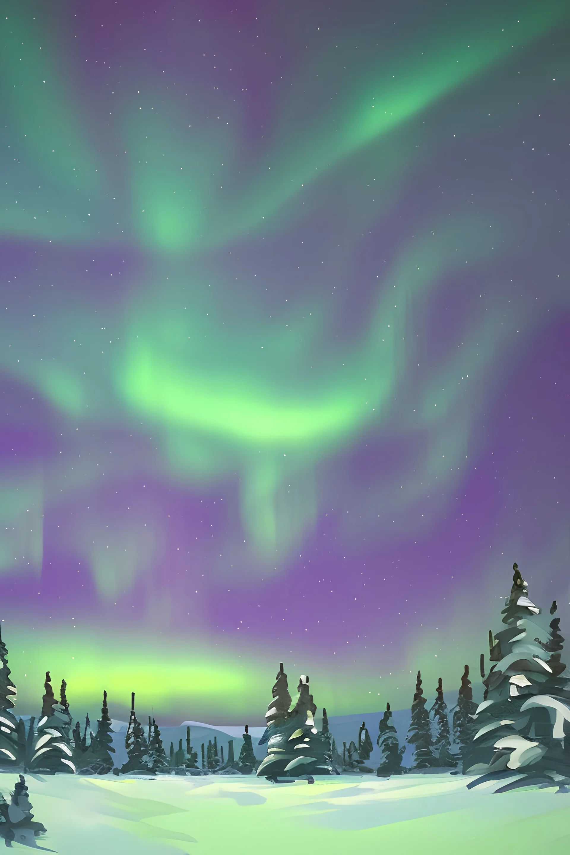 snow, sky full stars, pine trees, Northern Lights, simple paint landscape background