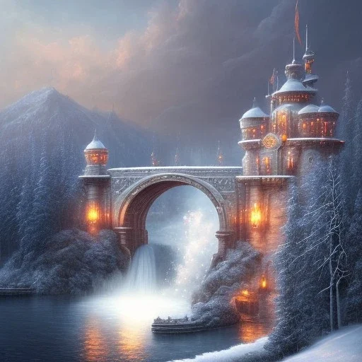 fantasy art, book cover, wizard in front of the ebony stairs of a bridge or dam ,icy water, on the bridge is a wolf, there is also a hawk